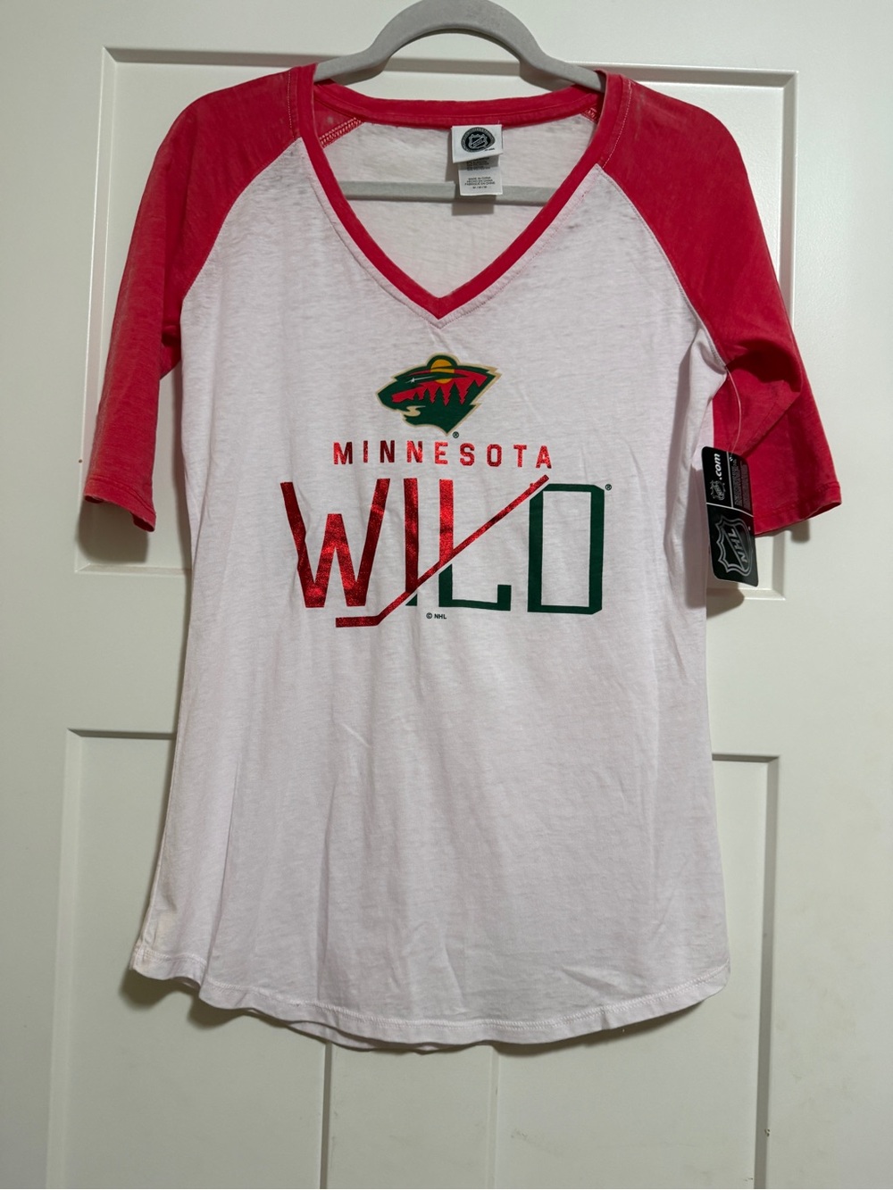NHL Minnesota Wild White V-Neck Raglan Tee with Red Sleeves